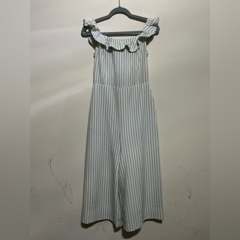 English Factory White and Black Striped Off-Shoulder Cropped Jumpsuit - Picture 2 of 4
